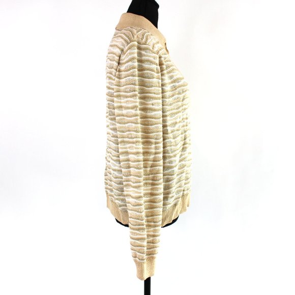 St. John Sport Wool Gold White Textured Stripe Cardigan Jacket L Zip-Up Sweater - Picture 2 of 8